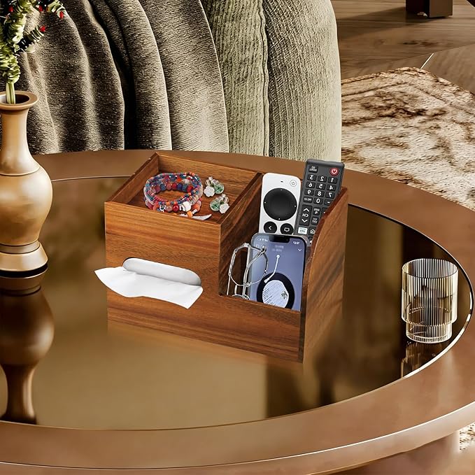 Tissue Box Cover Square, Acacia Wood Tissues Cube Box Holder with Storage Tray, Multifunctional Remote Control Holder Organizer for Bathroom, Vanity Countertop, Nightstand, Farmhouse Decor
