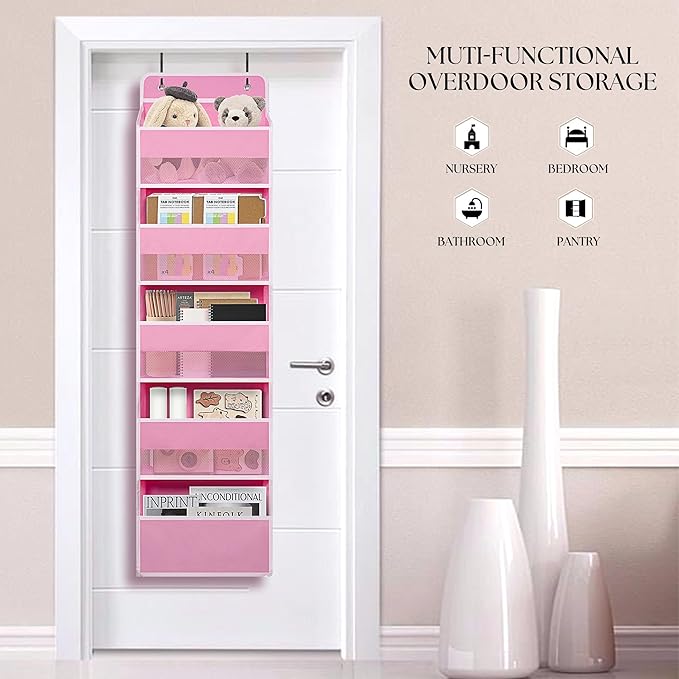 Over Door Organizer with 5 Large Pockets, Heavy Duty Hanging Organizer Storage, Closet Bathroom Nursery Bedroom Dorm, Toys Cosmetics Sundries and Baby Essentials, Pink