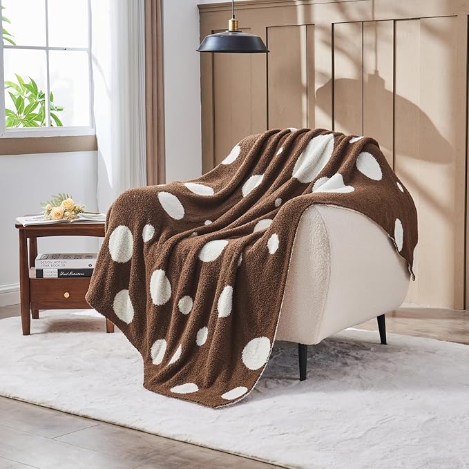 CozeCube Super Soft Fullfy Microfiber Reversible Knitted Blankets, Warm Cozy Fuzzy Plush Throw, Dark Brown and White Polka Dot Throw Blanket for Couch Bed Sofa, 60" x 80"