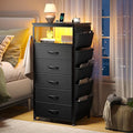 EnHomee Tall Night Stand with 5 Drawers, LED Nightstand with Ports & Outlets, Bedside Table with Extra Side Bag & Storage Shelf & Hooks, Bedroom, Dorm, Closet