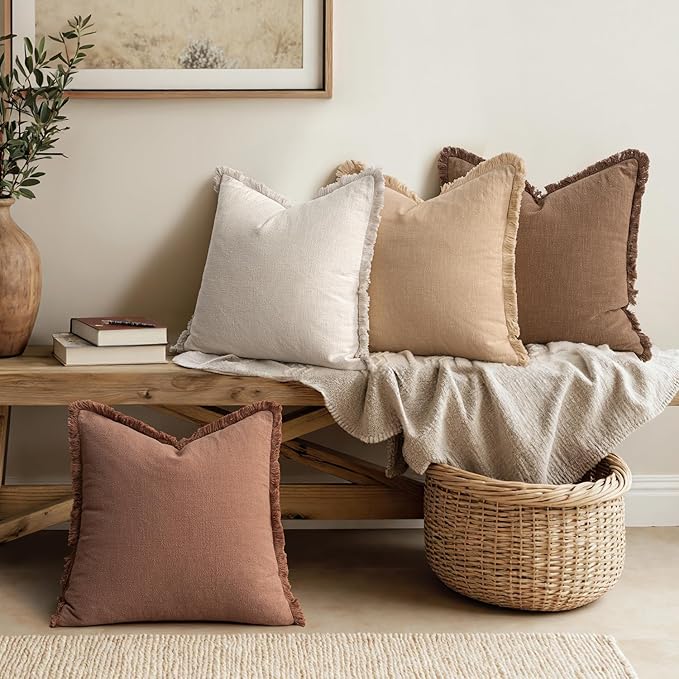 MIULEE Decorative Couch Pillow Covers Neutral Linen Fringe Throw Pillows Set of 4 Accent Rustic Cushions Boho Farmhouse Pillowcases for Bed Sofa Living Room Spring Home Decor 20x20 Inch Beige/Brown
