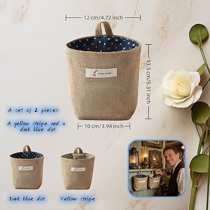 Machine Washable Hemp Cotton Hanging Organizer for Door, Wall & Bedside. Space Saving Storage Pockets, Heavy Duty 15lb Anti-Slip Design for Home & Office (Blue dot)