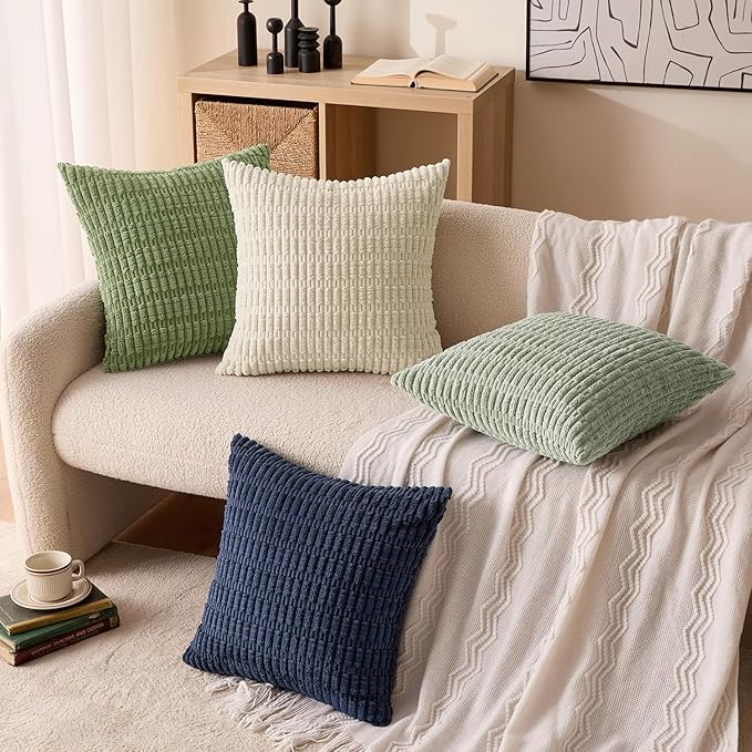 MIULEE Soft Corduroy Spring Throw Pillow Covers Set of 4 Green Blue 18x18 Inch Modern Farmhouse Boho Decorative Accent Cushion Covers for Couch Sofa Bedroom