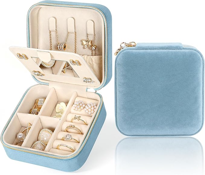 Plush Velvet Travel Jewelry Case Small Jewelry Box Jewelry Organizer Storage Case Portable Jewelry Travel Case for Girls Womens Earring, Necklace, Rings,Bracelets with Mirror