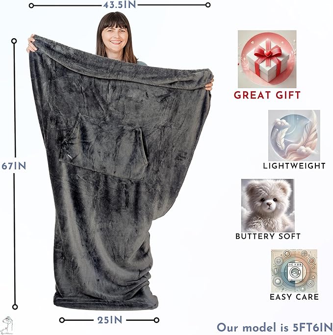 Fleece Lightweight Foot Pocket Blanket -Patent Pending- Dorm Gamer Useful Gift for Men - TV Throw - Father's Day Premium Gifts for Dad Who Wants Nothing (Fleece, Velvet Anthracite)