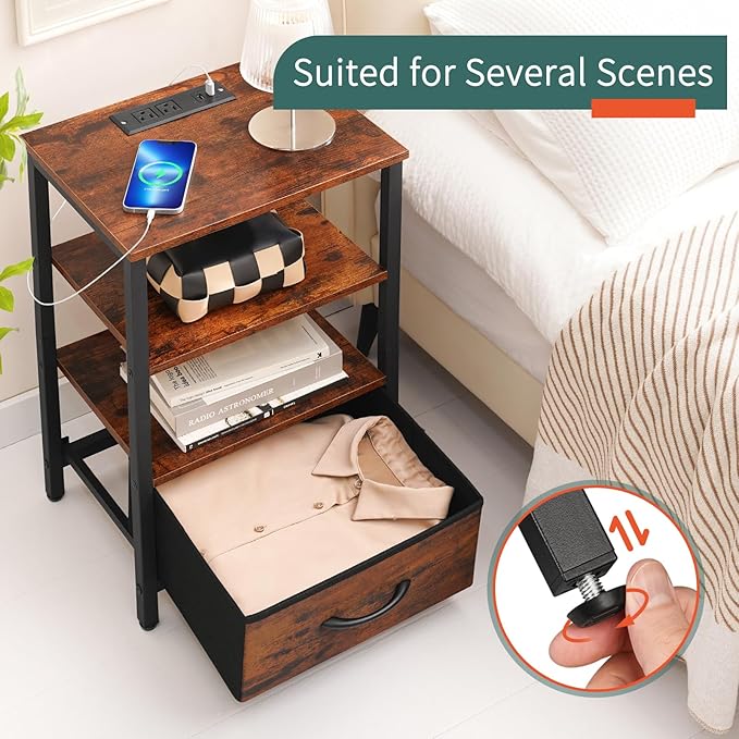Yoobure End Table with Storage, LED Nightstand with Charging Station, Side Tables Living Room, 3-Tier Wood Bedside Table with Adjustable Fabric Drawer, Night Stand for Bedroom, Brown