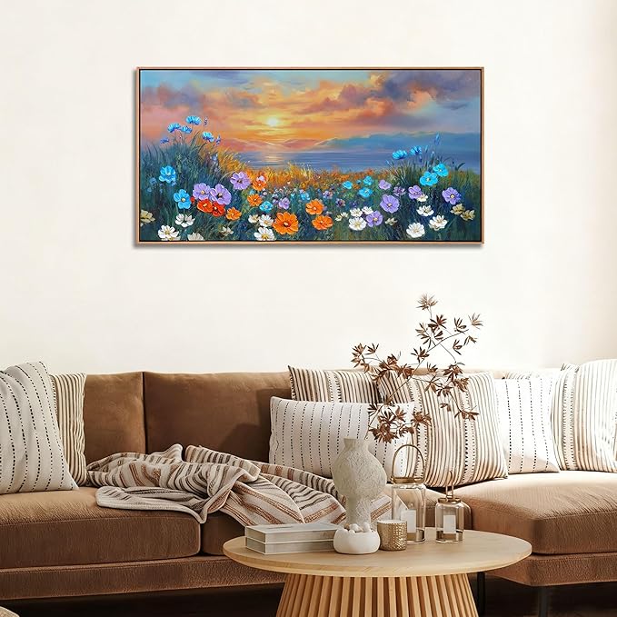 Ardemy Wildflower Wall Art for Living Room, Framed Floral Canvas Picture Bedroom Wall Decor, Sunset Painting Flower Textured Artwork for Walls Dining Room Home Office 40"x20"
