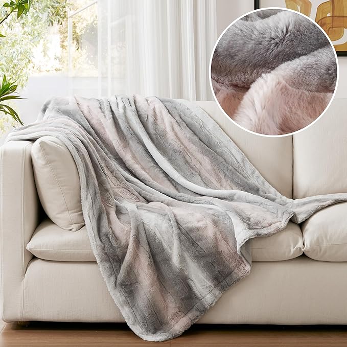 Madison Park Soft Faux Fur Blanket, Plush Reversible Throw for Home Decor, Luxuriously Soft All Seasons Fuzzy & Cozy Knitted Throw, 50x60 Blush/Grey