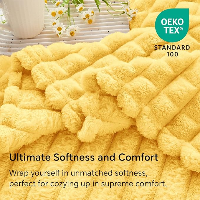 BEDELITE Light Yellow Throw Blanket Twin Size for Bed- Super Soft and Warm 3D Checkered Fluffy Fuzzy Fleece Blanket, Luxurious Plush Cozy Blanket for Room Decor Fall and Winter, 60x80 inches