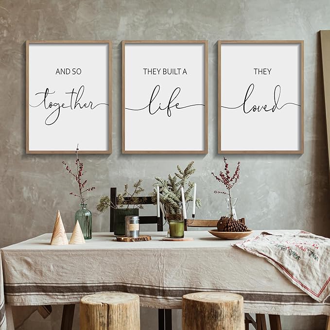 Houmury Framed Set of 3 And So Together They Built A Life They Loved Above Bed Wall Decor Wall Art for Farmhouse Home Bedroom Kitchen Living Room Wood Signs (Brown,12"x16")