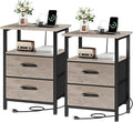 Vagusicc Night Stand Set 2, Nightstand with Charging Station, Bedside Tables with USB Ports and Outlets, 24.2" Tall End Table with Open Shelf, Bed Side Tables with 2 Fabric Drawers for Bedroom, Greige
