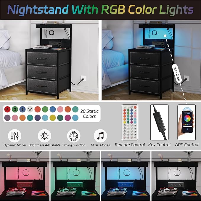 LED Nightstand Set of 2, Dresser Nightstand with 3 Drawers and Type C Charging Station, Storage End Table with Shelf and Hooks, Large Bedside Table for Dorm Bedroom, Black