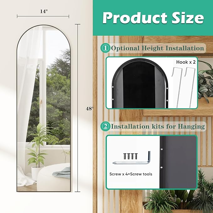 TinyTimes Over The Door Mirror Full Length, 48"x14"Door Hanging Mirror Full Length Arch Mirror, Behind The Door Wall Mirror, Back of Door for Closet Bedroom Living Room, Black