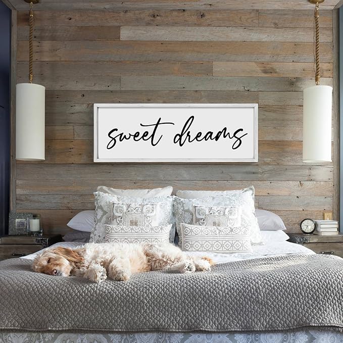 Sweet Dreams Wall Decor Above Bed 42''×15'' Large Bedroom Sign Farmhouse Wood Framed Master Bedroom Guest Room Decoration (White)
