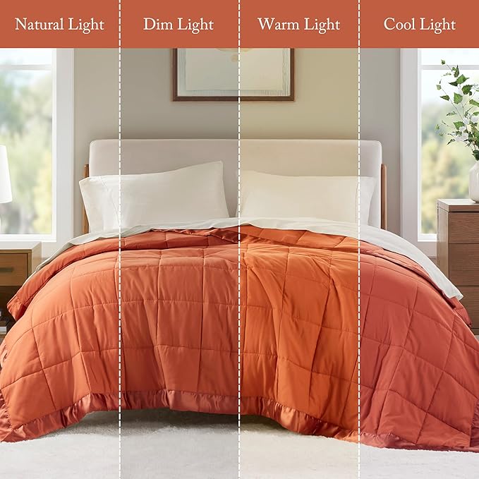Madison Park Twin Blanket Quilted Microfiber, Satin Binding, 3M Scotchgard Moisture Wicking Treatment, Soft and Lightweight Summer Blanket for Couch, Windom, Twin, Orange