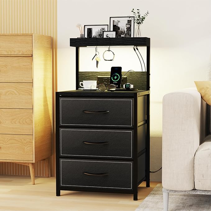 LED Nightstand Set of 2, Dresser Nightstand with 3 Drawers and Type C Charging Station, Storage End Table with Shelf and Hooks, Large Bedside Table for Dorm Bedroom, Black