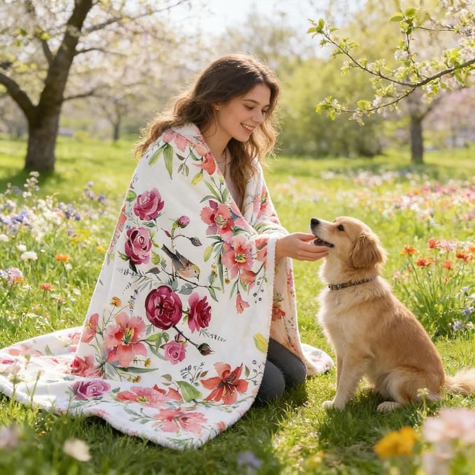 yuboo Spring Floral Throw Blanket, Pink Watercolor Flower Gifts for Women, Mom, Elders and Girls, Floral Blanket, Soft and Cozy Blanket for Spring Decor 50 x 60In