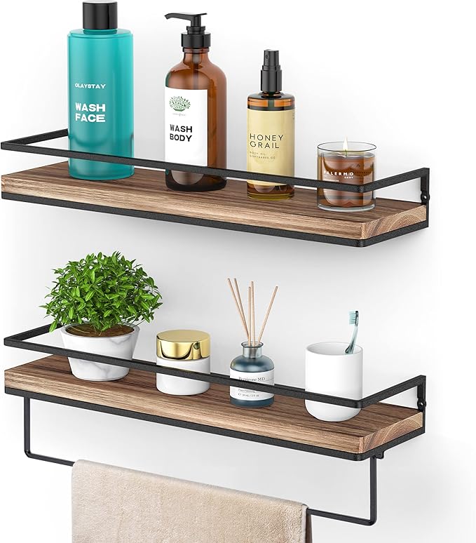 Meangood Floating Shelves Wall Mounted Set of 2, Wall Shelf with Towel Bar Rustic Wood Wall Storage Shelves for Bedroom,Living Room,Bathroom, Kitchen Torched Wood