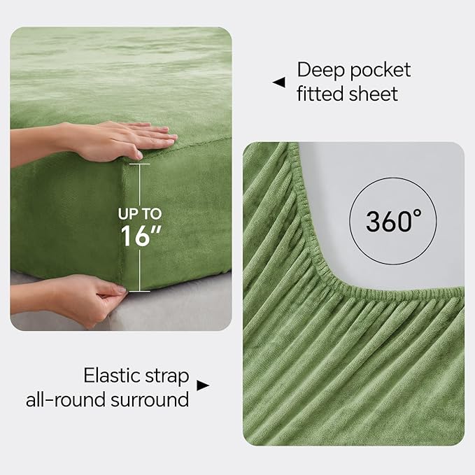 BEDELITE Flannel Sheets Queen Size Sage Green - Super Soft Fleece Sheets Set Fluffy Extra Plush, 4 Piece(Include Fitted Sheet, Flat Sheet, 2 Pillowcases)