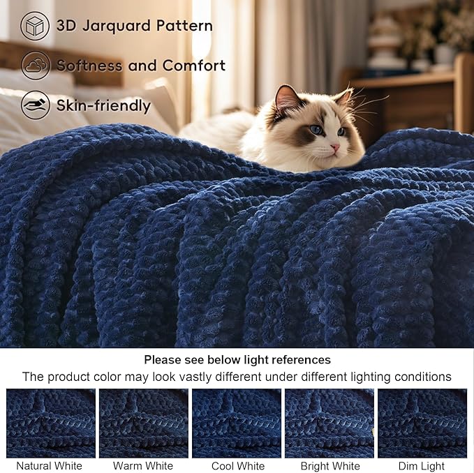 PHF Ultra Soft Flannel Fleece Blanket Queen Size, Lightweight 3D Jacquard Fleece Blanket, No Shedding, No Pilling, Luxury 340GSM Aesthetic Fluffy Cozy for Bed Room Decor, 90"x90", Navy Blue