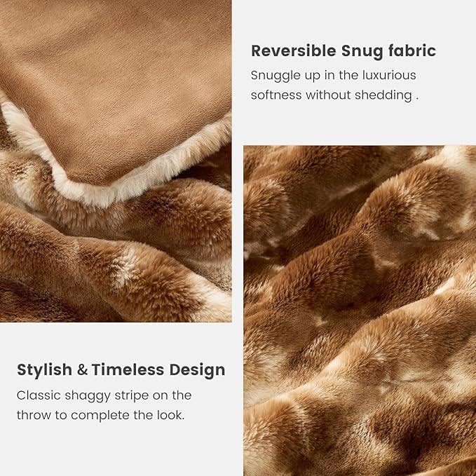 Cozy Bliss Deluxe Striped Rabbit Faux Fur Throw Blanket, Soft Fluffy Warm Plush Blanket for Winter, Modern Homr Decor, Tie-dye Brown 50"x60"