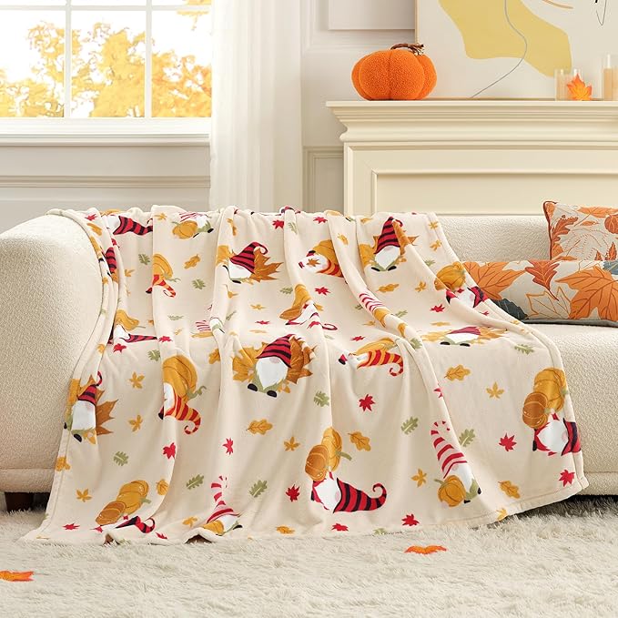 Cozy Bliss Pumpkin Gnome Throw Blanket - Warm MilkyPlush Throw Blankets,Ultra Soft Cozy Blankets for Couch,Sofa and Bed,Beige,60X80inches