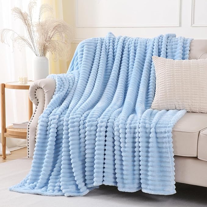 Light Blue Throw Blanket for Couch Sofa 60x80 inches Striped Fleece Blankets Room Home Decor Lightweight Plush Soft Cozy Gifts for Women Mom Girls