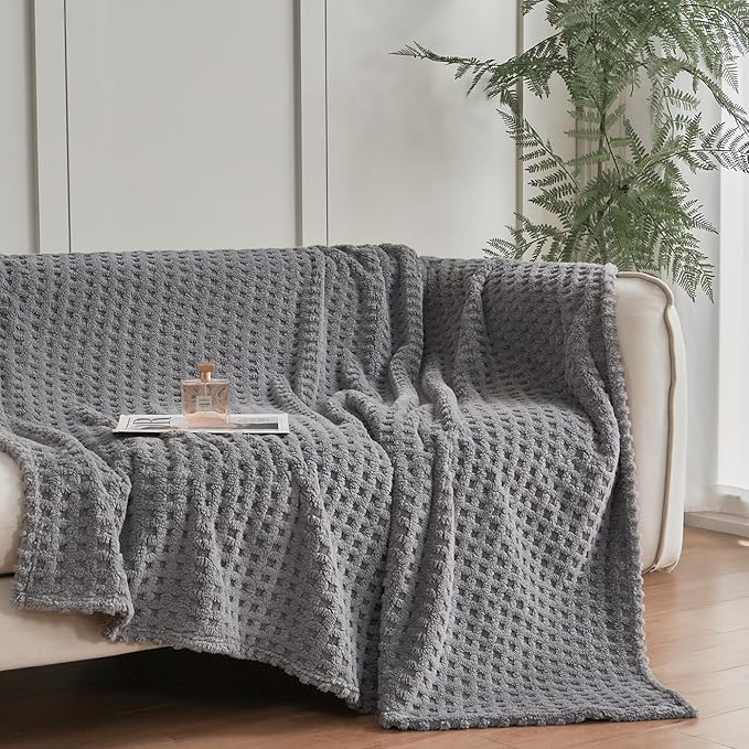 Soft Cozy Fuzzy Fleece Queen Size Blanket, Waffle Light Grey, 90x90 Inches – Lightweight, Fluffy, and Warm 3D Jacquard All-Season Blanket for Bed, Couch, Sofa, Camping, and Travel