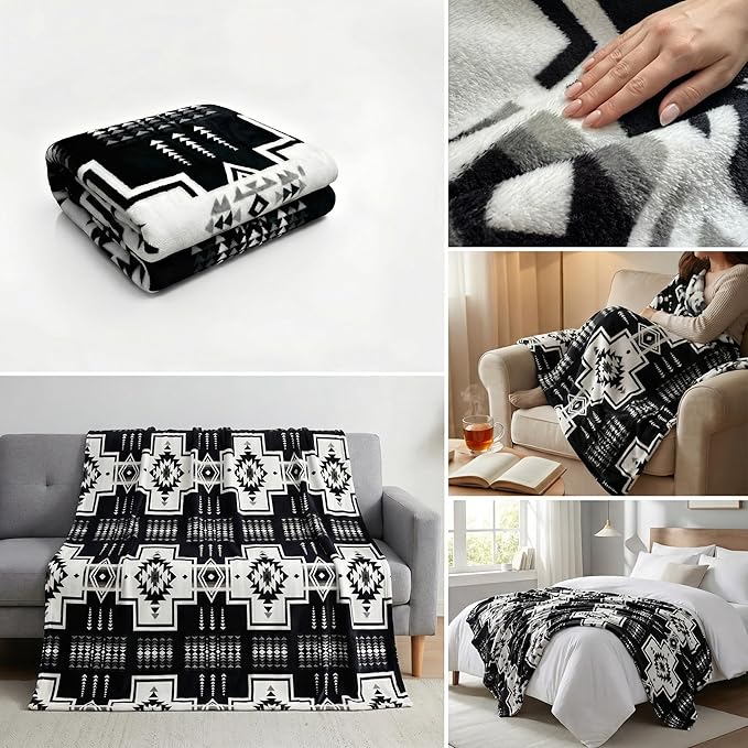 Fleece Blanket Queen - 90x90 Inch Lightweight & Buttery-Soft Throw for Bed, Sofa, Camping | 300GSM Cloud-Touch Microfiber | Cozy Essentials for Travel & Movie Nights, (Boho Black White)