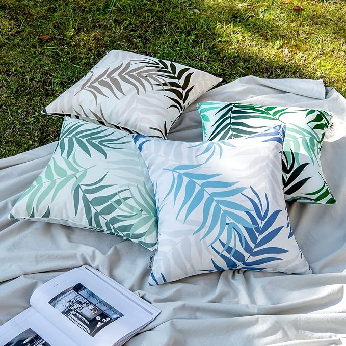 MIULEE Pack of 2 Decorative Outdoor Waterproof Throw Pillow Covers Patio Pillow Cases Natural Leaves Pattern Spring Square Cushion Shams Shell for Garden Balcony Couch 18x18 Inch, Blue