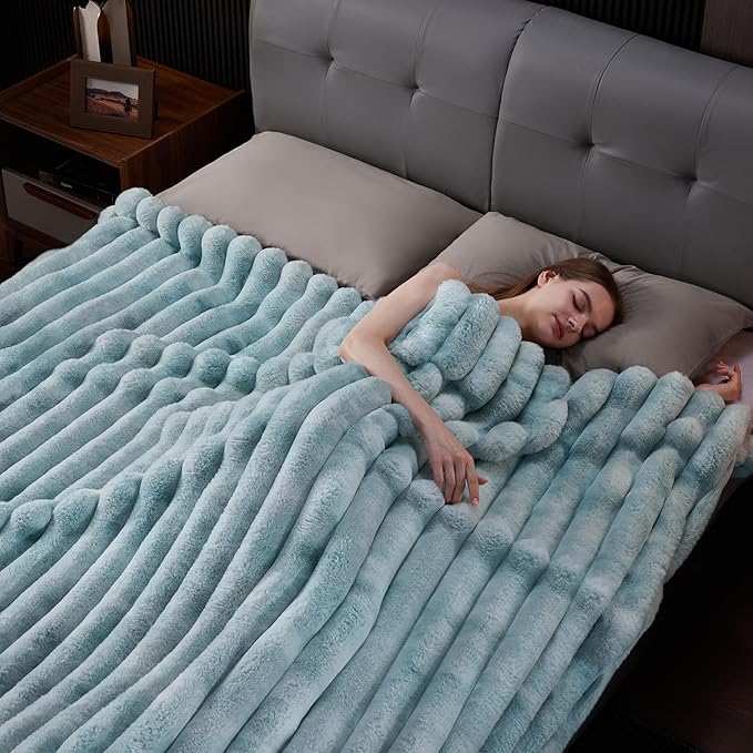 Fluffy Faux Fur Throw Blanket Queen Size, Thick 1000GSM Soft Cozy Throw Blankets for Bed, Plush Striped Warm Fuzzy Blanket for Couch LivingRoom Home Decor & Gifts(80"x 90", Tie-dye Blue)