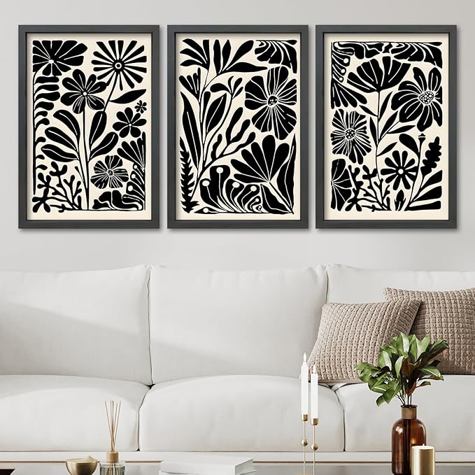 TQianJiang Flower Plant Sign Wall Decor 24"x16" Set of 3 Black And White Botanical Painting Wood Framed for Bedroom Abstract Wildflower Hanging Art (Black)