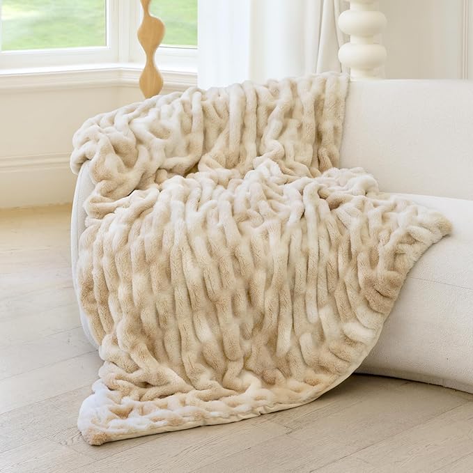 Ultra Soft Faux Rabbit Fur Throw Blanket, Cozy Fuzzy Blanket for Couch Bed, Plush Warm Decor Gifts, Luxury Thick Fluffy Blanket for Women & Men,50x60 inches, Tie-Dyed in Khaki