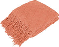 PAVILIA Coral Orange Knit Throw Blanket for Couch Bed, Soft Knitted Farmhouse Sofa Throw for Living Room, Lightweight Decorative Fall Throw Blanket for Chair, Outdoor Textured Boho Blanket, 50x60