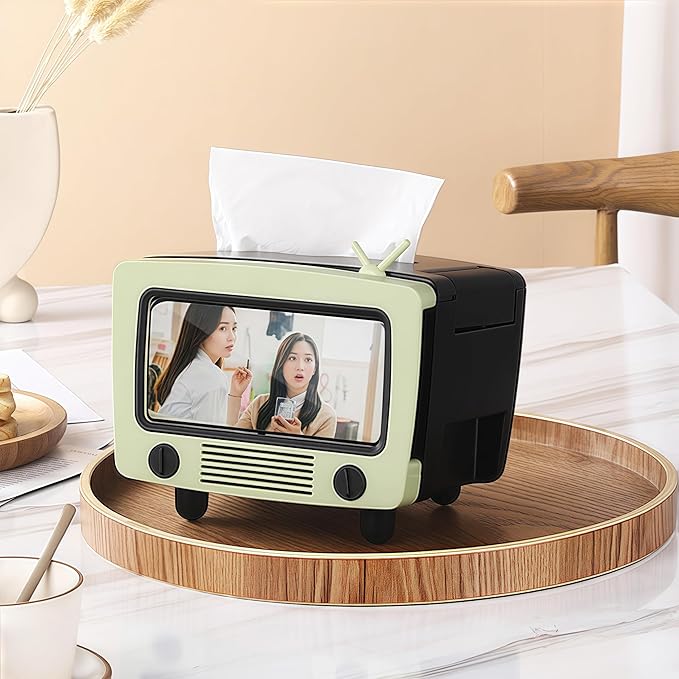SGVAHY Tissue Box Holder Retro TV Tissue Box Cover Cute and Practical Cell Phone Holder Tampon Holder for Bathroom Kitchen Bedroom Dressers Desks and Tables Night Stands Creative Gift(Light Green)