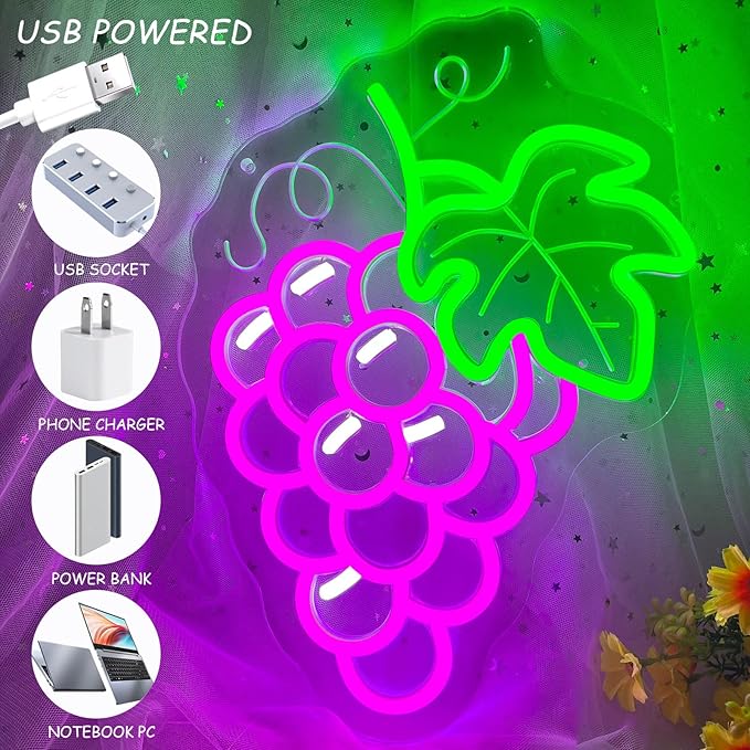 Grapes Neon Sign for Wall Decor, Dimmable Purple Grape Fruit Neon Lights, Vibrant Fruit Themed Neon LED Signs for Kids Room, Bedroom, Restaurant, Bar, Club, Fruit Shop, Birthday Party