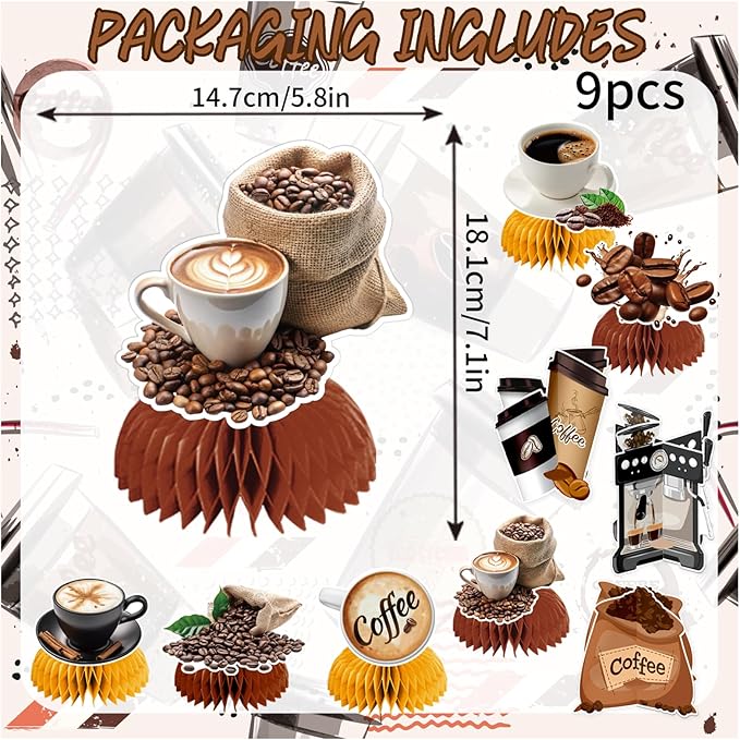 9 PCS Coffee Honeycomb Centerpieces Coffee Table Decorations Table Topper for Coffee Party Decorations Coffeehouse Birthday Party Supplies
