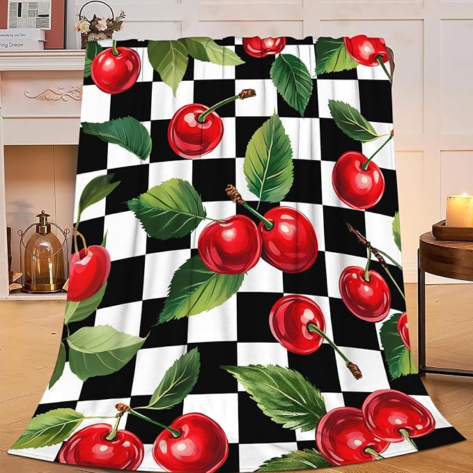 Cherry Blanket for Girls Women Adults Kids Soft Cozy Fleece Fruit Buffalo Plaid Preppy Gifts Throw Blankets Warm Flannel Plush Lightweight Decor for Couch Bed Sofa 60"X50"