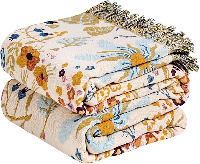Boho Throw Blanket - 100% Cotton Throw Blankets for Bed Couch, 60"x80" Soft Muslin Lightweight Spring Throw Blanket, Cozy Floral Butterfly Printed Bohemain Bedding Decor Beige Throw Quilt