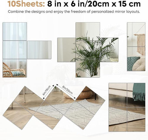 8" x 6" Acrylic Flexible Mirror Sheets, 10 Pack Self Adhesive Mirror Tiles Square Cuttable Mirror Wall Stickers, Non-Glass Mirror Stickers Safety Reflective Mirror for DIY Craft Home Wall Decor