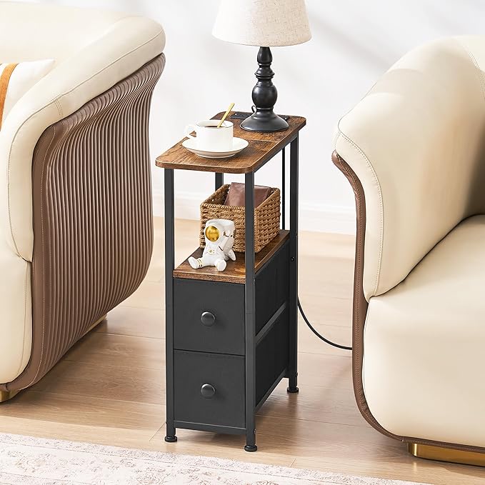 Narrow End Table with Charging Station, Narrow Side Table with Drawer, Small Nightstand with LED Light, Skinny Nightstand, Small Bedside Table for Living Room, Bedroom, Couch, Rustic Brown