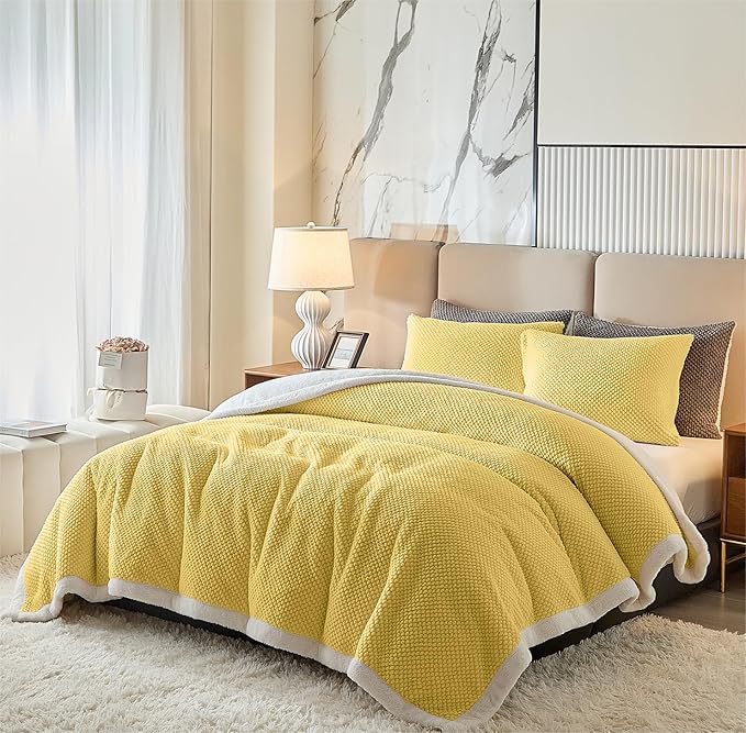 Luxury Flannel Fleece Sherpa Blankets Queen Size for Bed, Jacquard Boho 3-Layer Thick and Warm Blanket for Winter, Soft Cozy Fuzzy Plush Velvet Blanket with 2 Pillow Cases, Yellow, 88x88 Inches