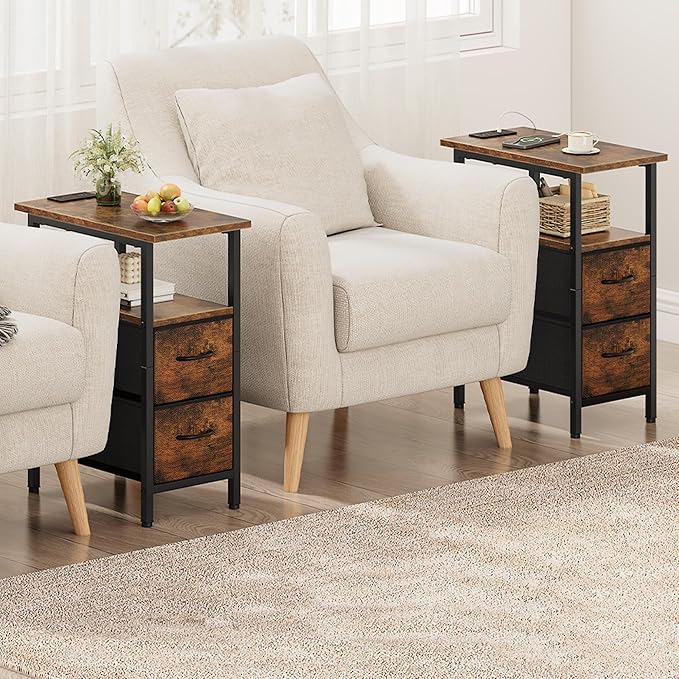Vagusicc End Table with Charging Station, Narrow Side Table, 23.8'' Tall Nightstand with 2 Fabric Drawers, Small Sofa Side Table Narrow Nightstand for Small Spaces, Bedroom, Bedside, Rustic Brown