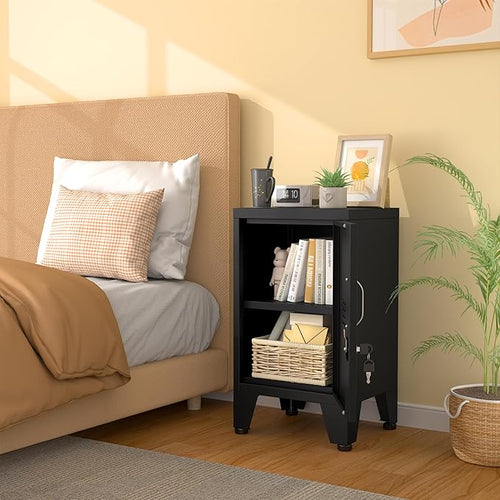 24.4" H Black Metal NightStand Locker Storage Cabinet with 1 Doors, File Cabinet with Shelves, Storage Cabinet with Adjustable Leveling Foot for Home Office Living Room or Bed Room