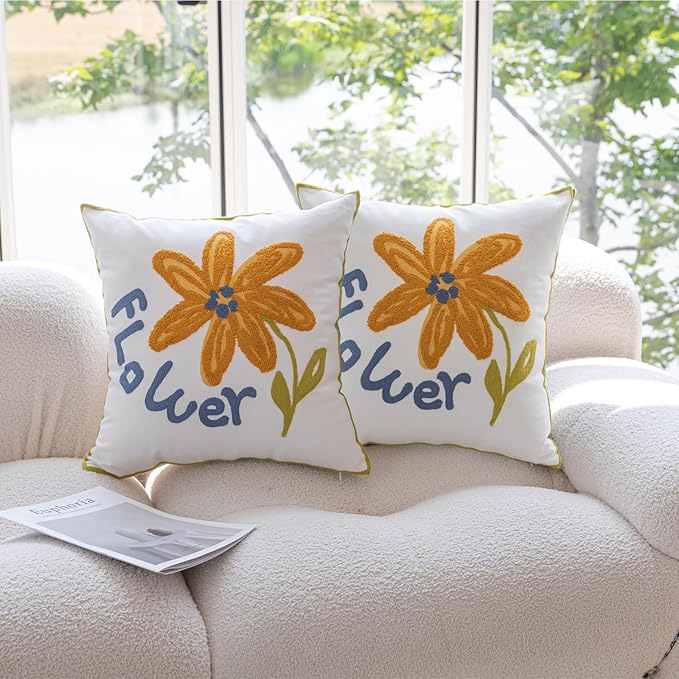 YIcabinet Pillow Covers Set of 2, Embroidered Yellow Flower Pattern Throw Pillow Cover,Square Cotton Cushion,Pillow Case for Sofa Bedroom Couch,18"x18"