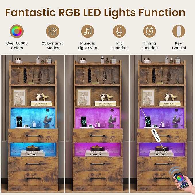VIAGDO Tall Nightstand Set of 2 with Charging Station and LED Lights, Rustic Brown Night Stand Set 2 with Bookshelf, Modern LED Bedside Tables with 3 Drawers and Storage Shelves, Side Tables Bedroom