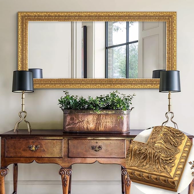 Chende 48" L x 24" W Large Gold Mirror for Wall, Rectangular Decorative Mirror Wall Decor with Leaves Shape Wood Frame, Elegant Baroque Mirror for Bathroom Entrance Hallyway Power Room