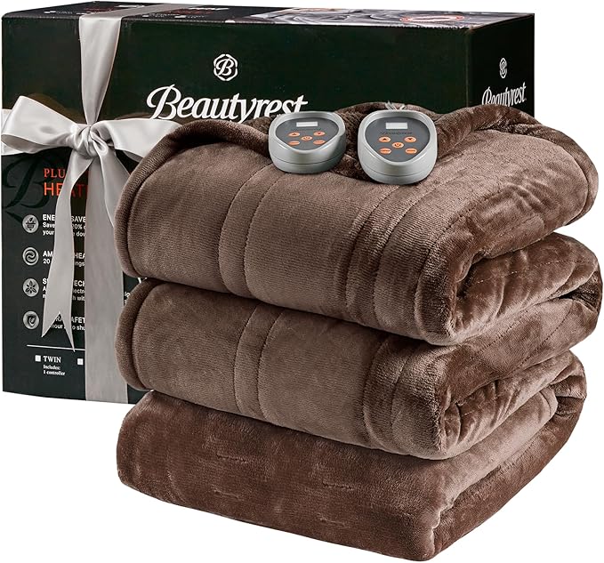 Beautyrest Heated Blanket, Electric Blanket, Soft, Warm, Reversible Plush - Sherpa Heating Blanket with 20 Heat Settings, 1-10 hrs Timer Auto Shut Off, Machine Washable, Queen (90 inx84 in), Chocolate