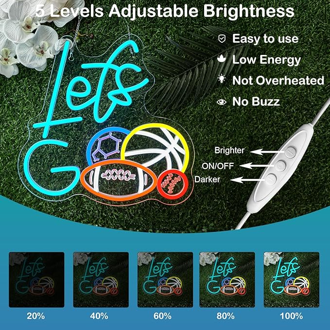 Sports Neon Sign Let's Go Basketball LED Light 4 Balls Combination Sign Light Up Baseball Wall Decor for Gym Themed Party Lighted Football Gifts for Sports Lover