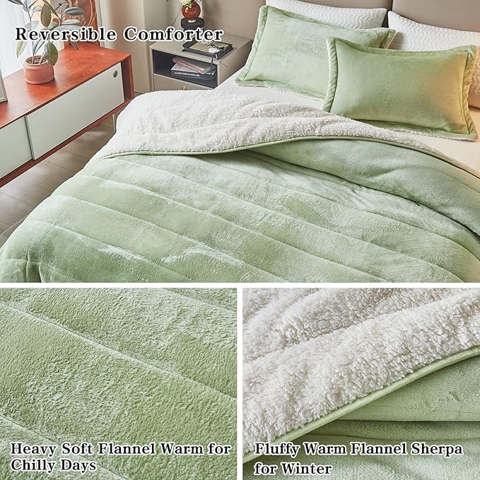3-Layer Luxury Flannel Fleece Thick Bed Blanket King Size, Soft Plush Velvet Sherpa Blanket with 2 Pillow Shams Heavy Warm for Winter, Breathable n Washable, Mint Green